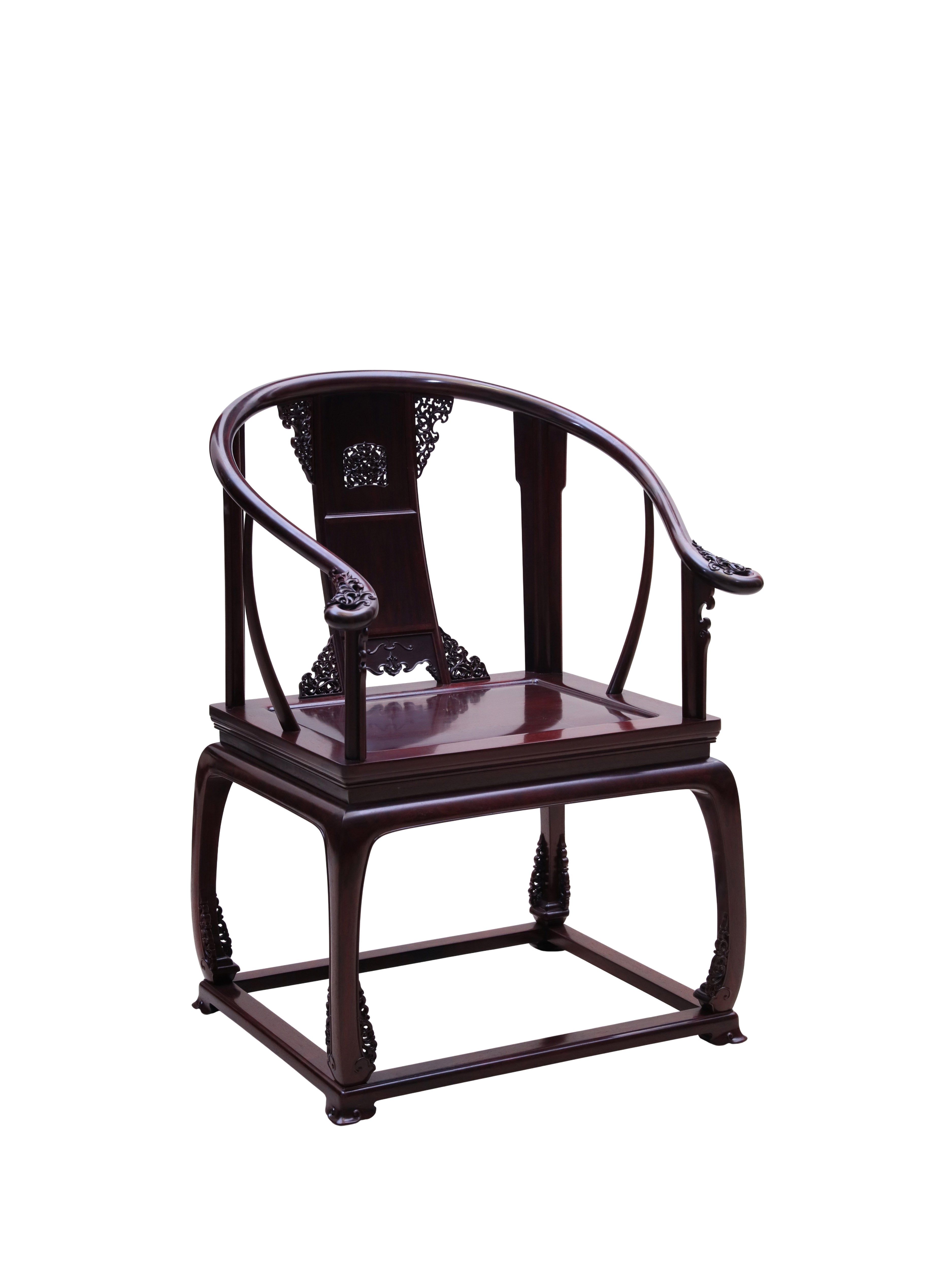 Red Sandalwood round-backed Armchairs Three-Piece,with Coiled-leaf pattern Waist-Cinched Design and Base Frame