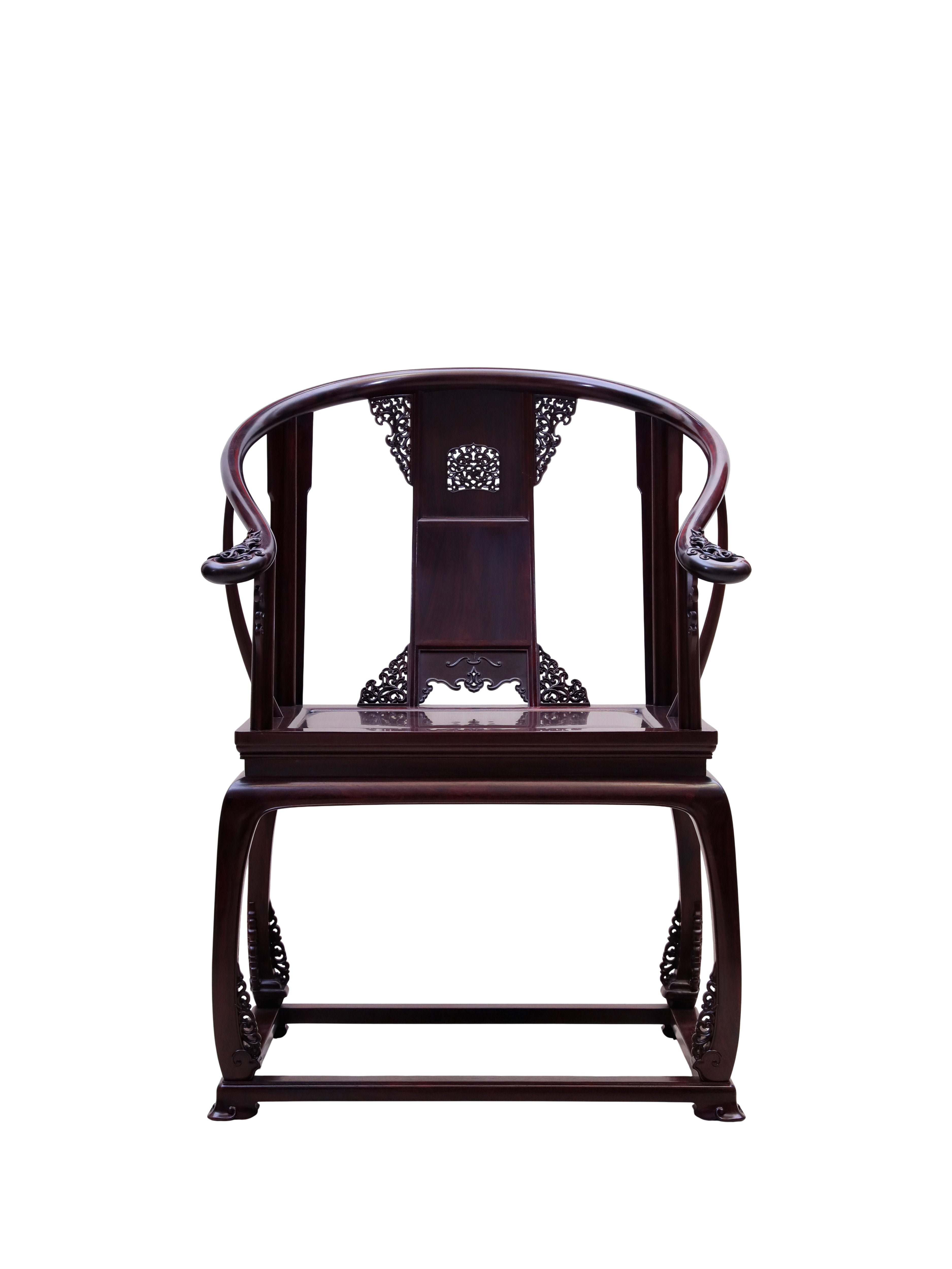 Red Sandalwood round-backed Armchairs Three-Piece,with Coiled-leaf pattern Waist-Cinched Design and Base Frame
