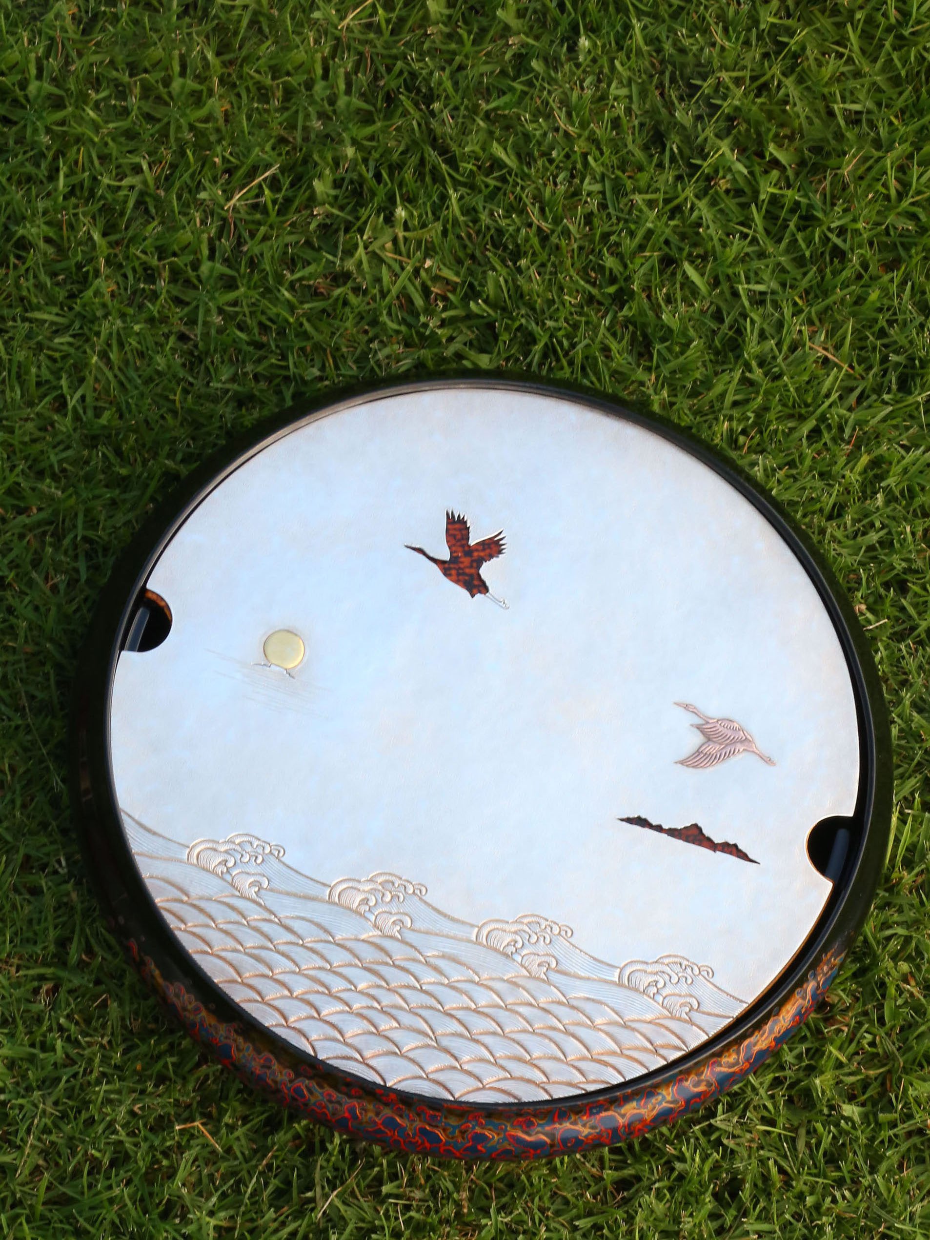 云鹤海水纹纯银大漆茶盘