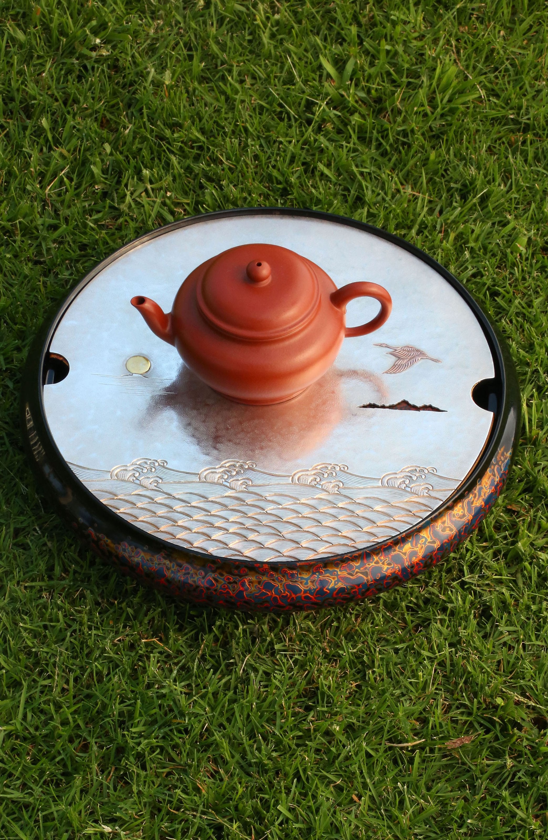 云鹤海水纹纯银大漆茶盘