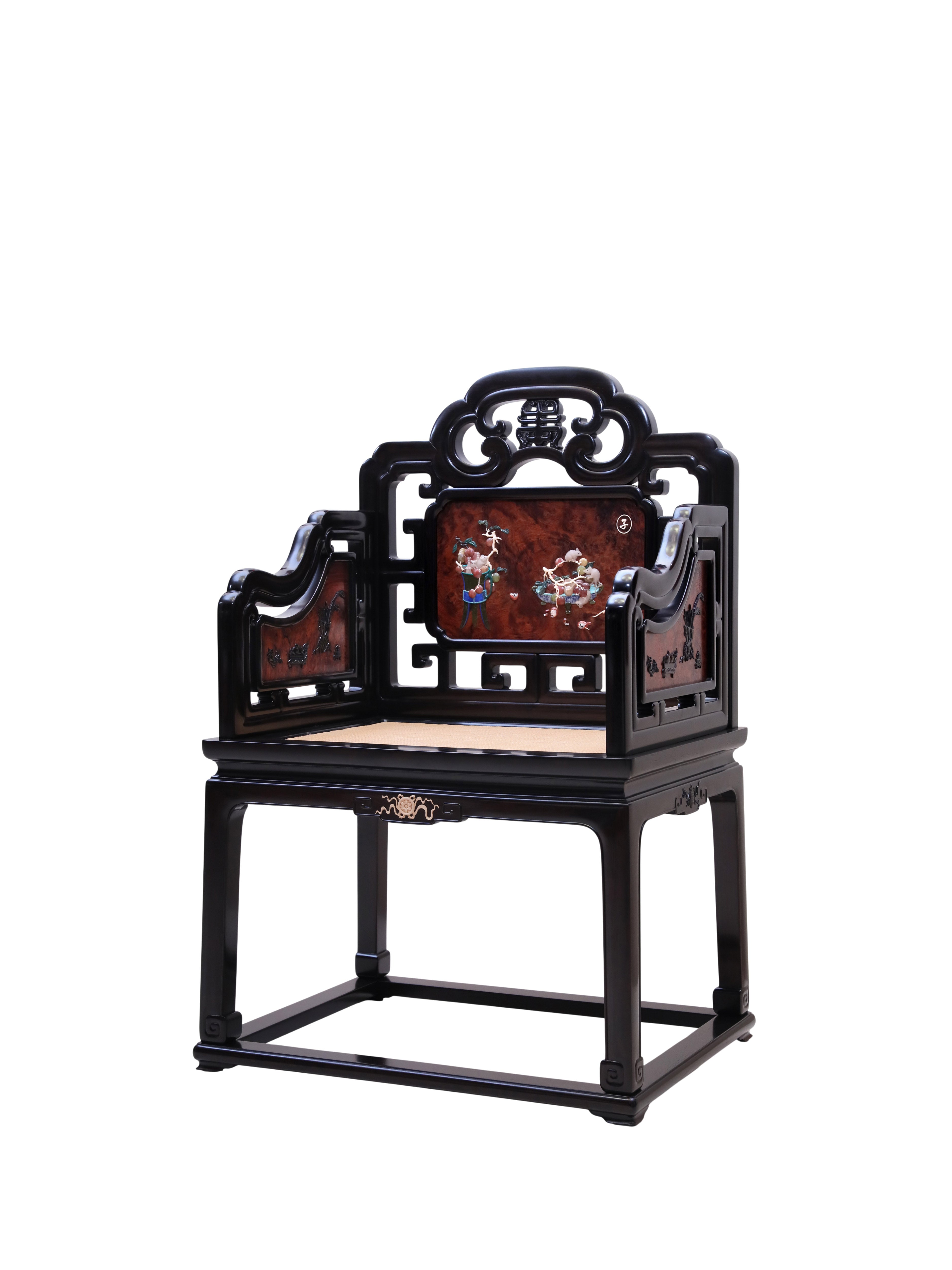African Blackwood Taishi Armchair, with multi-treasure inlay Chinese Zodiac Motifs