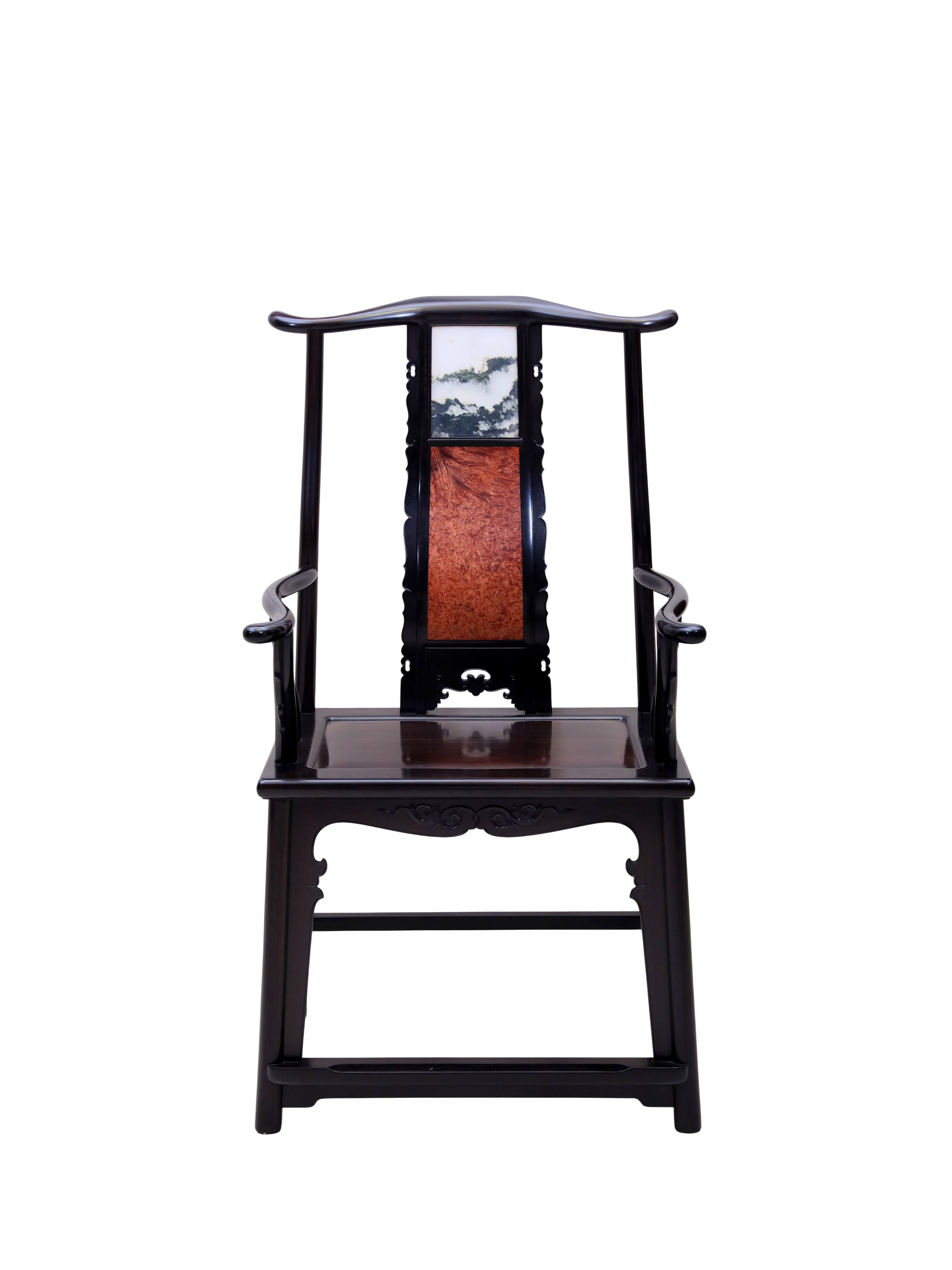 African Blackwood Official's Hat Chair,Back Panel Inlaid with Burl Wood and Marble