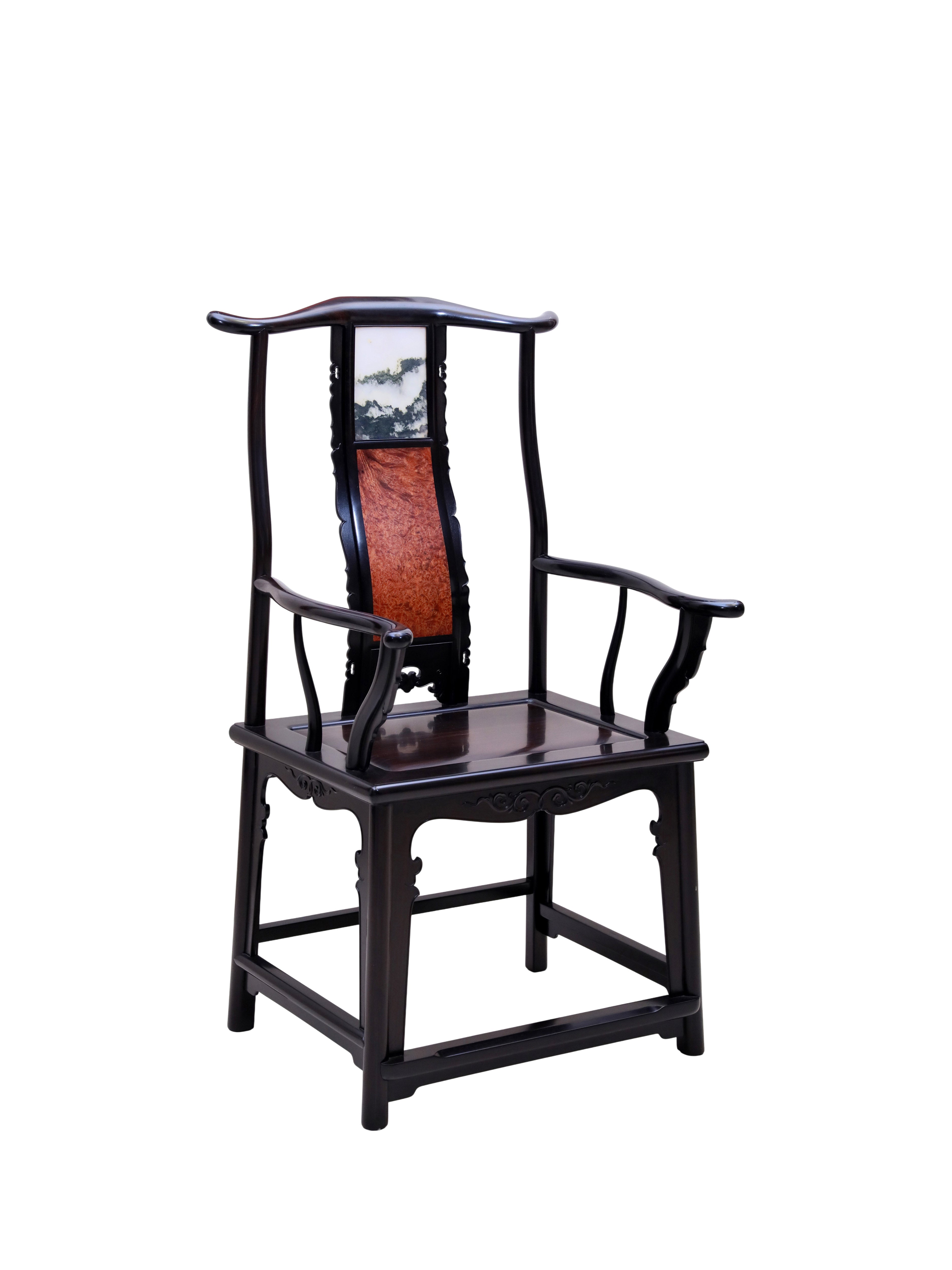 African Blackwood Official's Hat Chair,Back Panel Inlaid with Burl Wood and Marble