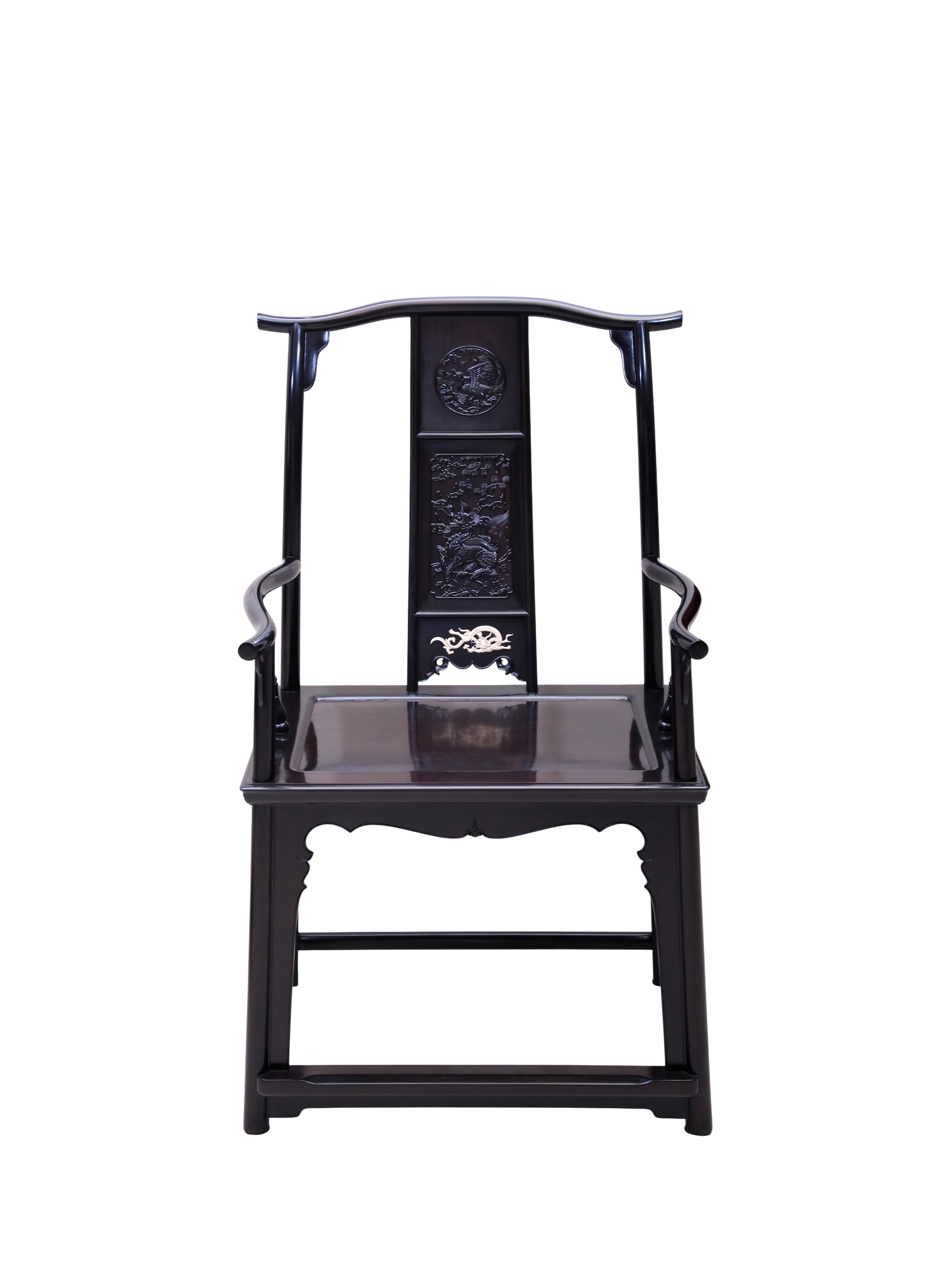 African Blackwood Official's Hat Armchair, with Carved Qilin and Phoenix Motif