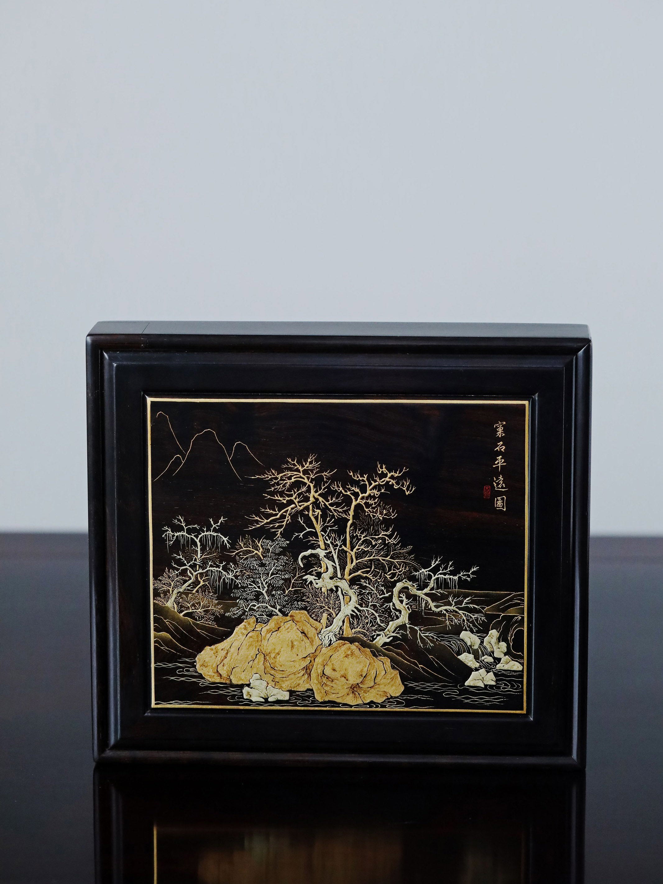 紫光檀仙閣圖/窠石平遠圖描金抽拉茶盒