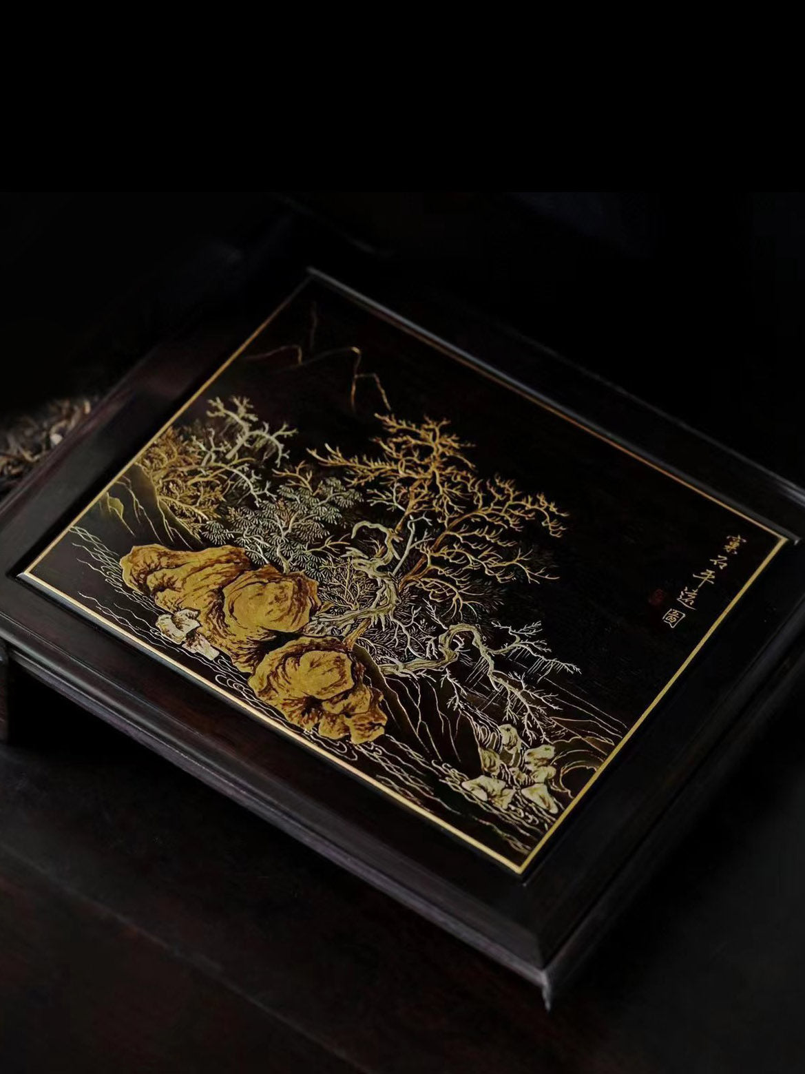 紫光檀仙閣圖/窠石平遠圖描金抽拉茶盒